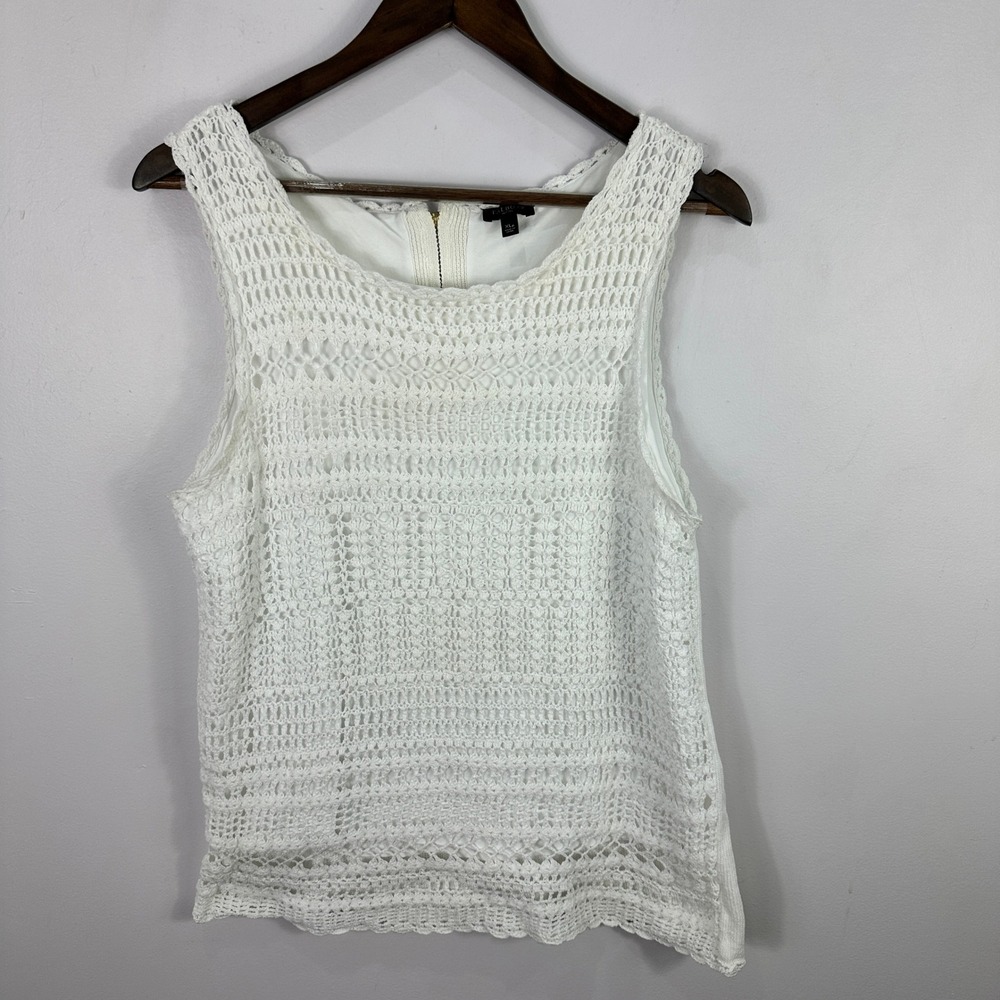 Talbots XLP White Crochet Knit Tank Cotton Coastal Quiet Luxury Minimalist